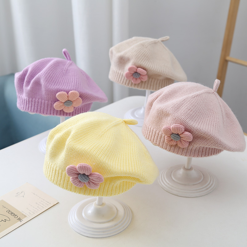 Fashion Baby Beret Hat Solid Color Flower Girls Warm Vintage Knitted Beret Hats Kids Autumn Winter Children Artist Painter Cap