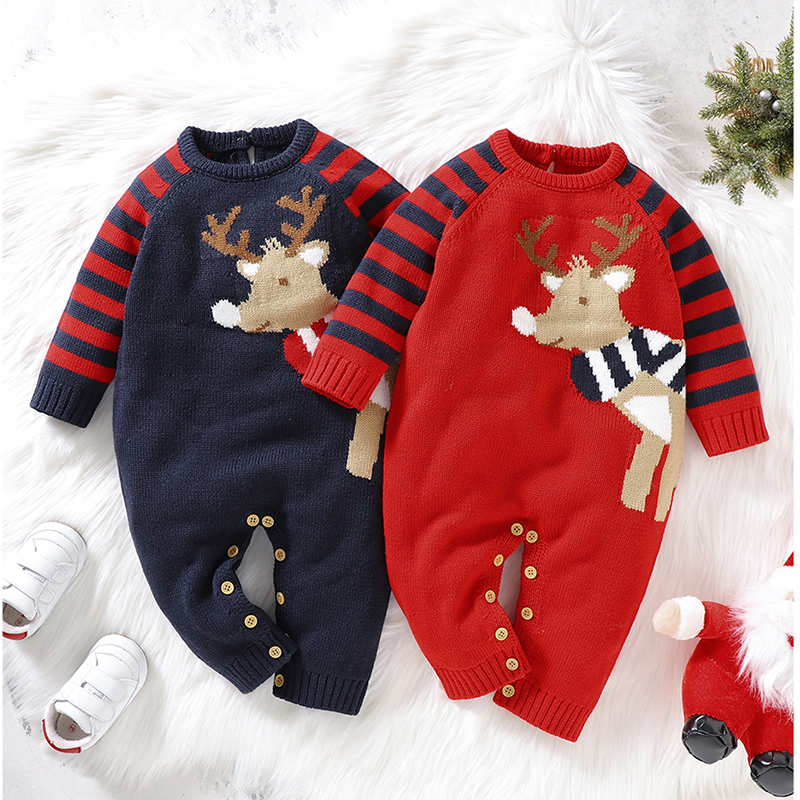 New Christmas Knit Rompers Long Sleeve Knit Scarf Deer Autumn Baby Boys Girls Rompers Newborn Infant Jumpsuit New Year Bodysuit