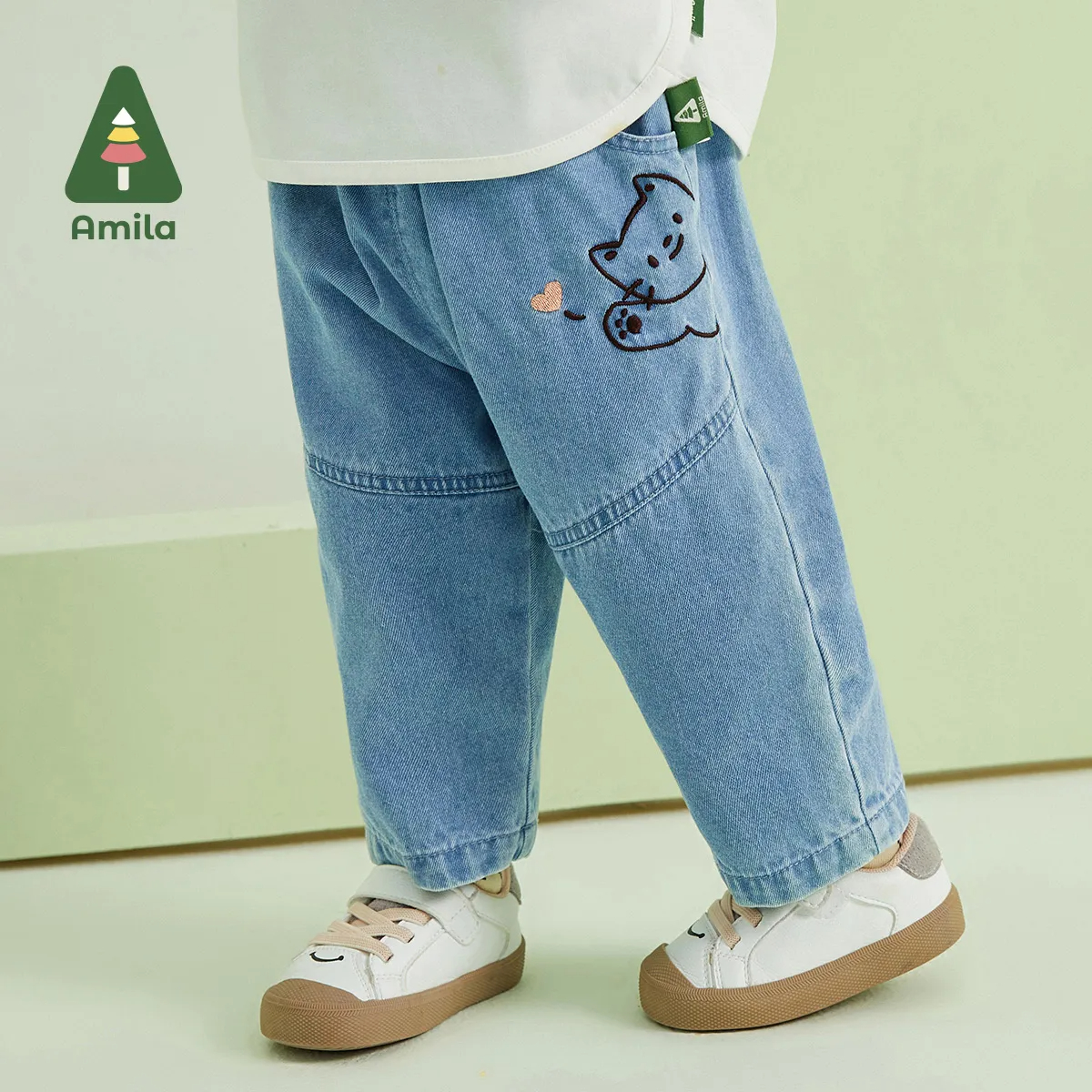 Amila Baby Girl Jeans 2023 Spring New Blue Loose Cute Cartoon Soft Denim Pants Straight Casual Trousers 0-6 Years Fashion