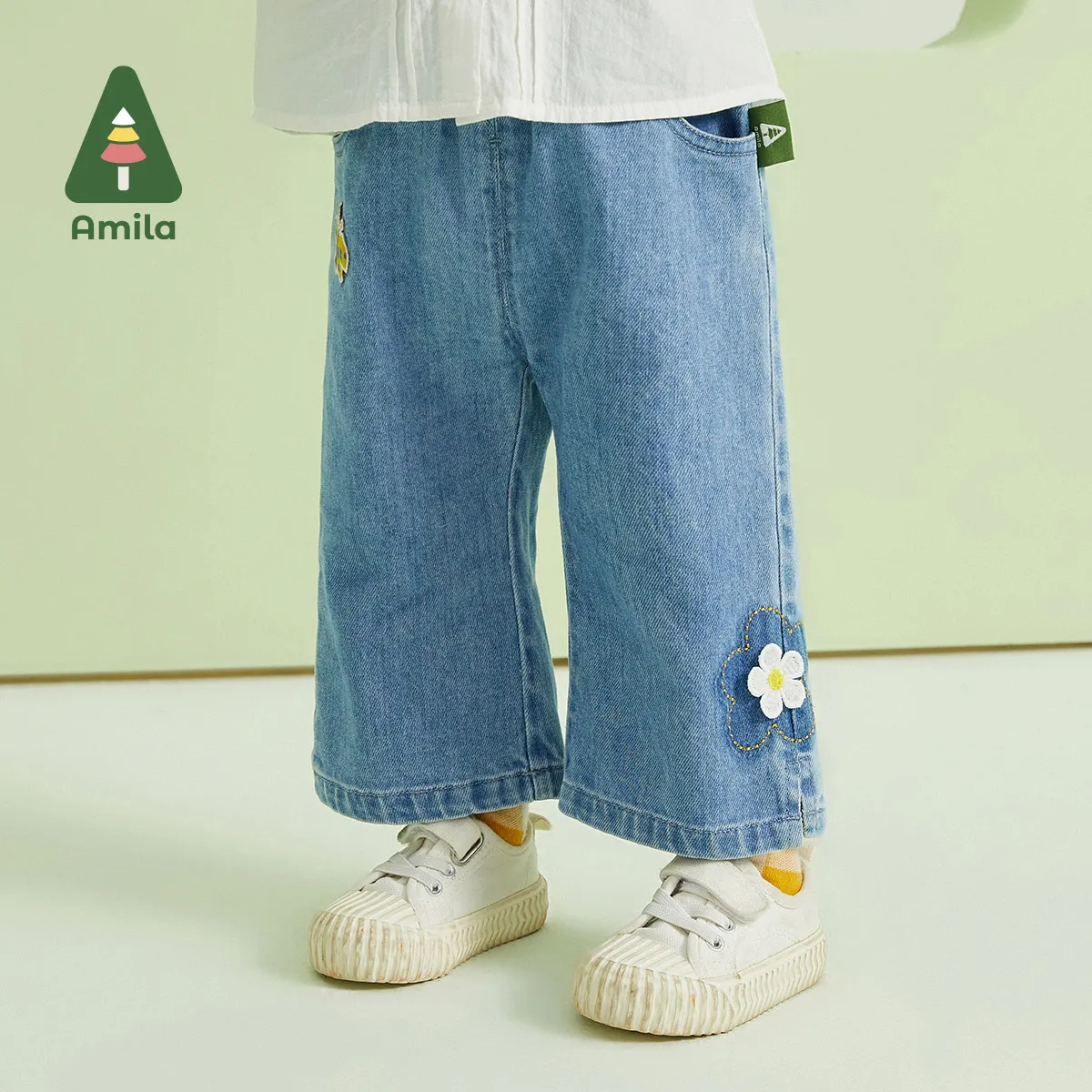Amila Baby Girls Denim Pants 2023 Spring New Cute Cartoon Print Blue Jeans Casual Fashion Bell-bottom Trousers Kids Clothing