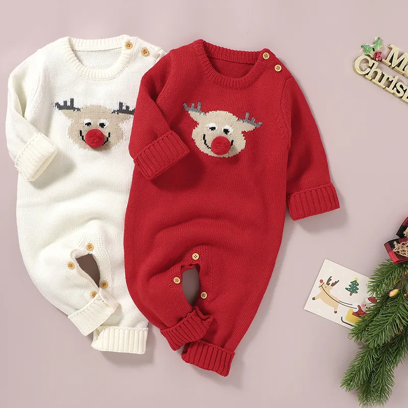 Baby Rompers Winter Christmas Santa Claus Deer Knitted Newborn Boys Girls Long Sleeve Jumpsuits Playsuit Infant Netural Outfit