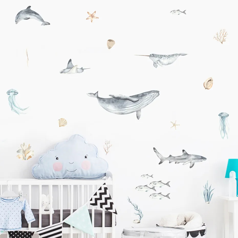 Whale Shark Dolphin Starfish Jellyfish Watercolor Wall Stickers Removable Vinyl Wall Decal Mural Nursery Kids Room Home Decor